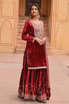 Buy_KARAJ JAIPUR_Red Kurta And Sharara Velvet Embroidery Dori Round Neck Bahar Fleur Set _Online_at_Aza_Fashions