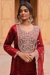 Shop_KARAJ JAIPUR_Red Kurta And Sharara Velvet Embroidery Dori Round Neck Bahar Fleur Set _Online_at_Aza_Fashions