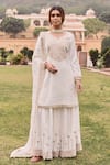 Buy_KARAJ JAIPUR_White Kurta And Sharara Velvet Embroidery Dori Round Neck Lily Bahar Set _at_Aza_Fashions