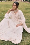 KARAJ JAIPUR_White Kurta And Sharara Velvet Embroidery Dori Round Neck Lily Bahar Set _at_Aza_Fashions