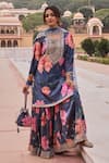 Buy_KARAJ JAIPUR_Blue Kurta And Sharara Velvet Print Blossom U Neck Dori Embroidered Set _at_Aza_Fashions