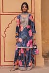 Shop_KARAJ JAIPUR_Blue Kurta And Sharara Velvet Print Blossom U Neck Dori Embroidered Set _Online_at_Aza_Fashions