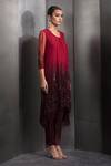 Rohit Gandhi + Rahul Khanna_Red Tulle Embroidered Sequin Round Gradient High-low Kurta With Pant _Online_at_Aza_Fashions