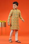 Buy_Kora By Nilesh Mitesh_Yellow Jacquard Print Quatrefoil Pattern Straight Kurta With Churidar _Online_at_Aza_Fashions