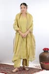 Buy_Beige_Yellow Kurta Fine Chanderi Embroidered Gota Blunt V Stripe Thread A-line Set _at_Aza_Fashions