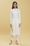 TINA EAPEN COLLECTIVE_White Cotton Silk Printed Floral Mandarin Collar Kurta And Pant Set _Online_at_Aza_Fashions