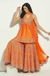 Buy_Vandana Sethi_Orange Dupion Silk Embroidery Mirror Halter Neck Work Kurta Gharara Set _at_Aza_Fashions