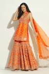 Buy_Vandana Sethi_Orange Dupion Silk Embroidery Mirror Halter Neck Work Kurta Gharara Set _Online_at_Aza_Fashions