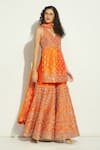 Shop_Vandana Sethi_Orange Dupion Silk Embroidery Mirror Halter Neck Work Kurta Gharara Set _Online_at_Aza_Fashions