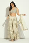 Buy_Vandana Sethi_Ivory Dupion Silk Embroidery Mirror V Neck Blouse Sharara Set _at_Aza_Fashions