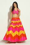 Shop_Vandana Sethi_Multi Color Silk, Chiffon Beads, Embroidery Halter Neck Chevron Lehenga Set _Online_at_Aza_Fashions