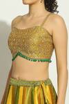 Shop_Vandana Sethi_Yellow Silk Crystals, Tassels, Mirrors Chevron Pattern Lehenga Set With Shrug _at_Aza_Fashions