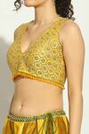Shop_Vandana Sethi_Yellow Silk Crystals, Mirrors, Embroidery V-neck Geometric Pattern Lehenga Set _at_Aza_Fashions
