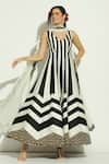 Buy_Vandana Sethi_Black Dupion Silk Embroidery Chevron V Neck Stripe Pattern Anarkali With Dupatta _at_Aza_Fashions