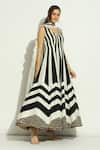 Buy_Vandana Sethi_Black Dupion Silk Embroidery Chevron V Neck Stripe Pattern Anarkali With Dupatta _Online_at_Aza_Fashions