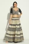Shop_Vandana Sethi_Black Dupion Silk Embroidery Mirror Leaf Neck Work Lehenga Set _Online_at_Aza_Fashions