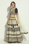 Vandana Sethi_Black Dupion Silk Embroidery Mirror Leaf Neck Work Lehenga Set _at_Aza_Fashions