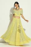 Shop_Vandana Sethi_Yellow Net Embroidery Chikankari Broad V Neck Geometric Lehenga Blouse Set_Online_at_Aza_Fashions