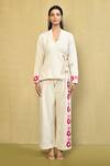 Shop_Naintara Bajaj_Cream Matka Silk Embroidered Resham V Neck Floral Tie-up Top And Pant Set_Online_at_Aza_Fashions
