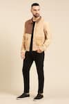 Buy_Mayank Modi - Men_Beige Malai Cotton Colour Block Panel Bomber Jacket _at_Aza_Fashions