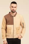 Mayank Modi - Men_Beige Malai Cotton Colour Block Panel Bomber Jacket _Online_at_Aza_Fashions