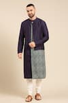 Buy_Mayank Modi - Men_Blue Silk Linen Printed Floral Contrast Panel Kurta With Churidar _at_Aza_Fashions