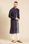 Shop_Mayank Modi - Men_Blue Silk Linen Printed Floral Contrast Panel Kurta With Churidar _Online_at_Aza_Fashions
