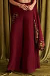 QALA CLOTHING_Red Velvet Embroidery Floral Blouse V Neck Iraja Cape Sharara Set _Online_at_Aza_Fashions