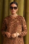 QALA CLOTHING_Brown Velvet Embroidery Floral Round Neck Kaia Cut Work Kurta With Pant _Online_at_Aza_Fashions