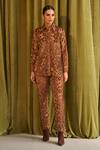 Buy_QALA CLOTHING_Brown Velvet Embroidery Floral Collared Neck Nia Shirt With Pant _at_Aza_Fashions