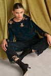 QALA CLOTHING_Black Velvet Embroidered Thread Round Neck Livia Cut Work Top And Pant Set_at_Aza_Fashions