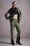 Buy_QALA CLOTHING_Green Suede Knitted Collar Ivanna Panelled Jacket And Pant Set _at_Aza_Fashions