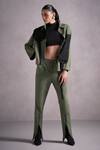 QALA CLOTHING_Green Suede Knitted Collar Ivanna Panelled Jacket And Pant Set _Online_at_Aza_Fashions