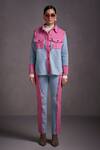 Buy_QALA CLOTHING_Blue Denim Knitted Collar Angie Panelled Shirt And Pant Set _at_Aza_Fashions