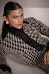 Shop_QALA CLOTHING_Black Crochet Knitted Jaal Pattern Spread Collar Skyla Jacket And Pant Set _at_Aza_Fashions