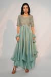 Buy_Anu Pellakuru_Green Silk, Organza, Denim, Net Embroidery Round Neck Kurta Pant Set _at_Aza_Fashions