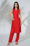 Buy_Anu Pellakuru_Red Linen, Silk Embroidery Bandeau Neck Hand Kurta And Pant Set _at_Aza_Fashions