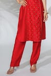 Anu Pellakuru_Red Linen, Silk Embroidery Bandeau Neck Hand Kurta And Pant Set _Online_at_Aza_Fashions
