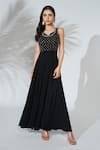 Buy_Anu Pellakuru_Black Georgette Hand Embroidered Pearls V Neck Gown _at_Aza_Fashions