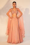 Buy_Anu Pellakuru_Peach Cape Organza Hand Embroidered Pearls Sweetheart Blouse Lehenga Set _at_Aza_Fashions