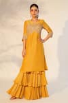 Buy_Anu Pellakuru_Yellow Tissue Beads, Cut Work V-neck Yoke Embroidered Kurta And Sharara Set_at_Aza_Fashions
