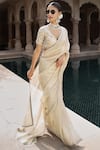 Buy_MATSYA_Ivory Tissue Hand Embroidered Tarnished Royal Blouse And Saree Set _at_Aza_Fashions