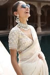 MATSYA_Ivory Tissue Hand Embroidered Tarnished Royal Blouse And Saree Set _Online_at_Aza_Fashions