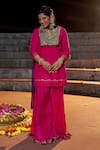 Buy_Nimbu Mirchi_Pink Crepe Embroidery Zari Metal Sequin Yoke Kurta Sharara Set  _at_Aza_Fashions