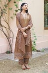 Shop_NAAZ BY NOOR_Brown Kurta Chanderi Tissue Embroidery Sequin Notched Placket Set _Online_at_Aza_Fashions