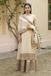 Buy_NAAZ BY NOOR_Cream Kurta And Sharara Tissue Chanderi Embroidery Thread Round Bloom Set _Online_at_Aza_Fashions