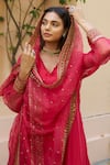 Buy_NAAZ BY NOOR_Red Kurta And Pant Chanderi Embroidery Thread Scallop V Neck Sequin Border Set _Online_at_Aza_Fashions