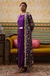 Buy_Soup by Sougat Paul_Purple Drape Dress Satin Embroidered Sequin Mehr Belted Maxi With Jacket _Online_at_Aza_Fashions