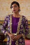 Soup by Sougat Paul_Purple Drape Dress Satin Embroidered Sequin Mehr Belted Maxi With Jacket _at_Aza_Fashions