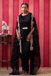 Buy_Soup by Sougat Paul_Black Dress Satin Embroidered Sequin Round Qala Draped With Applique Work Cape _at_Aza_Fashions